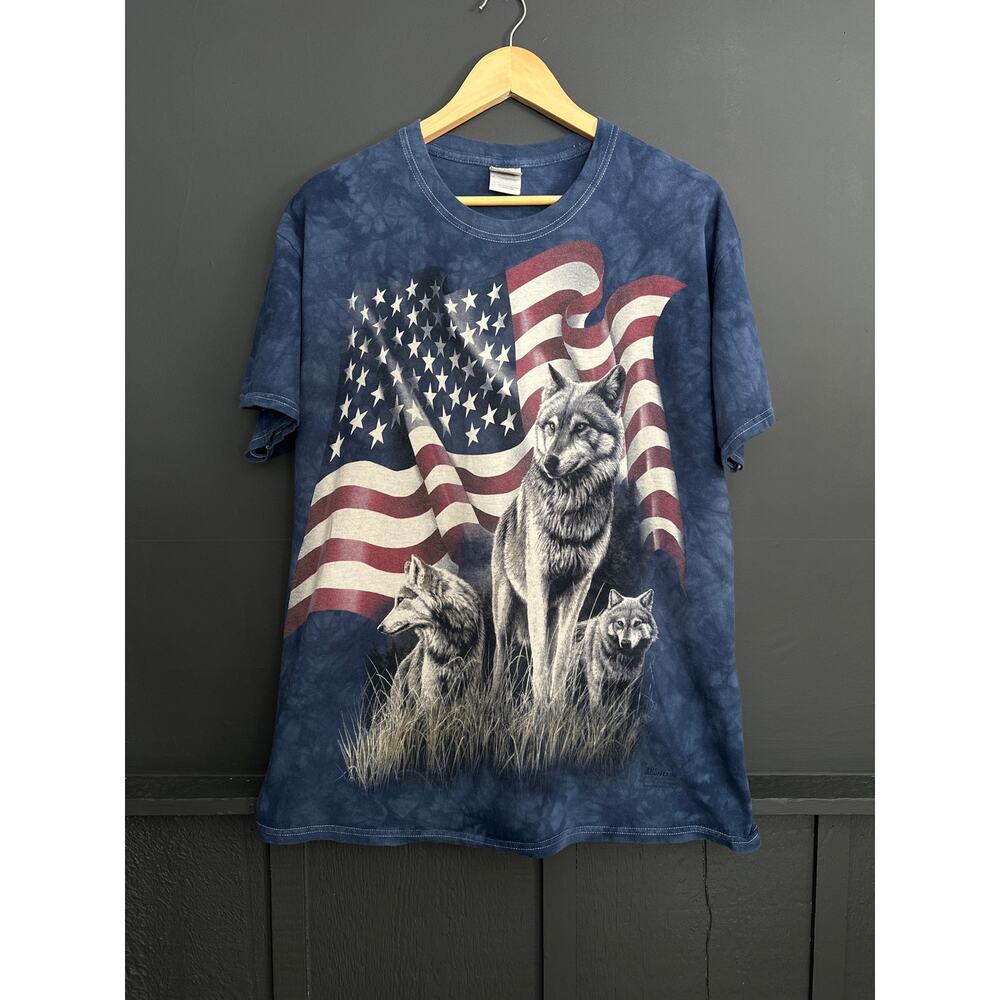 The Mountain Wolf Flag Blue Tie Dye Classic Cotton T Shirt Tee Size Large